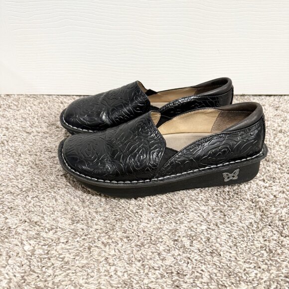 Alegria Black Leather Debra DEB-531 Floral Embossed Rose Slip On Clog Nurse 38 - Picture 4 of 7